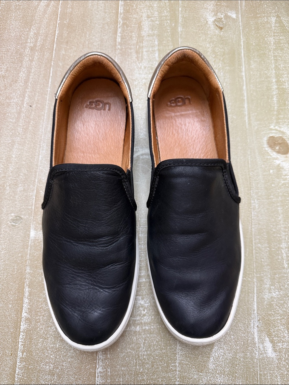 UGG Size 11 Black Leather Loafers with White Rubber Sole